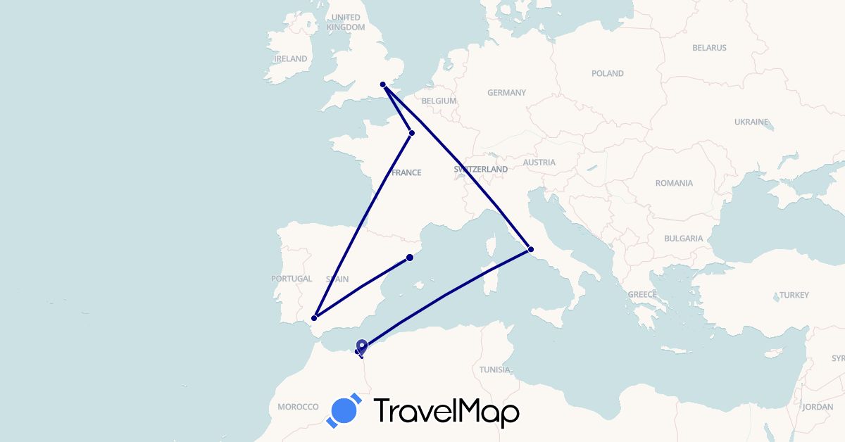 TravelMap itinerary: driving in Spain, France, United Kingdom, Italy, Morocco (Africa, Europe)